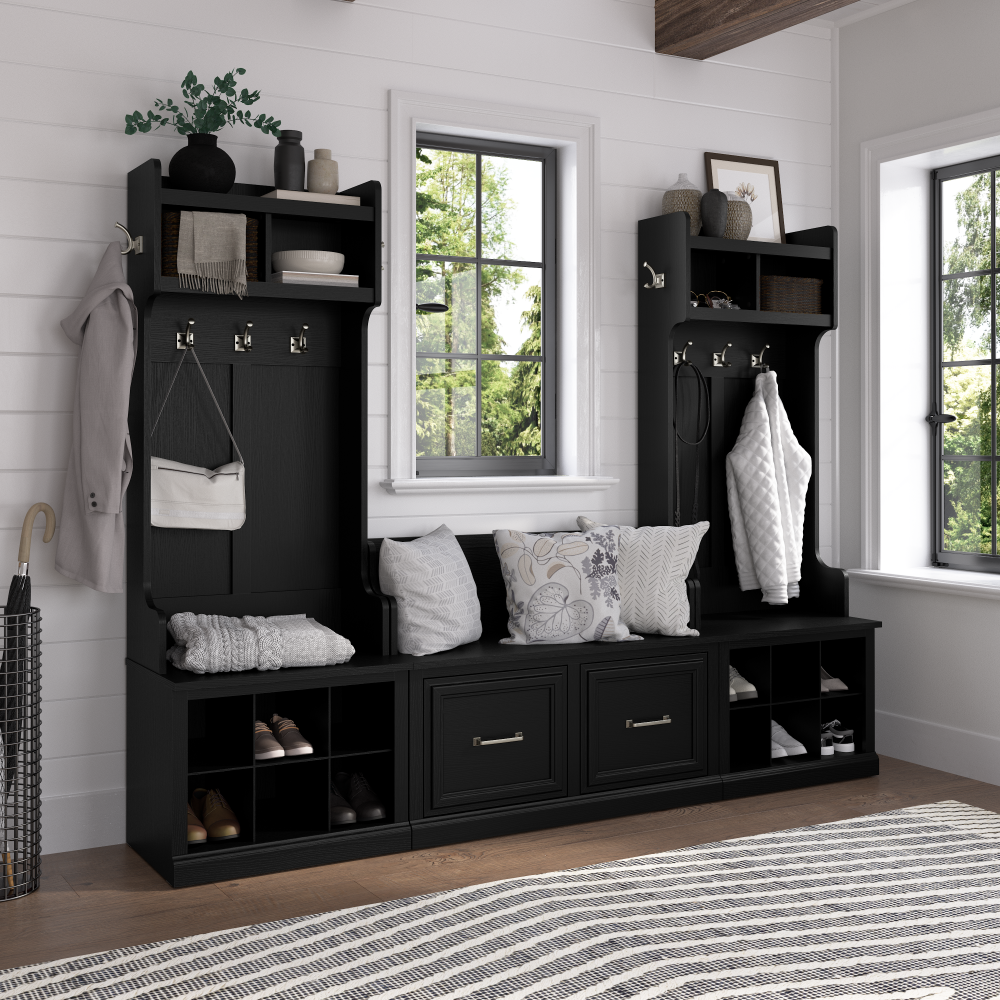 Shop Bush Furniture Woodland Entryway Storage Set with Hall Trees and Shoe Bench with Doors, Image 02, WDL011BS, #color_black suede oak