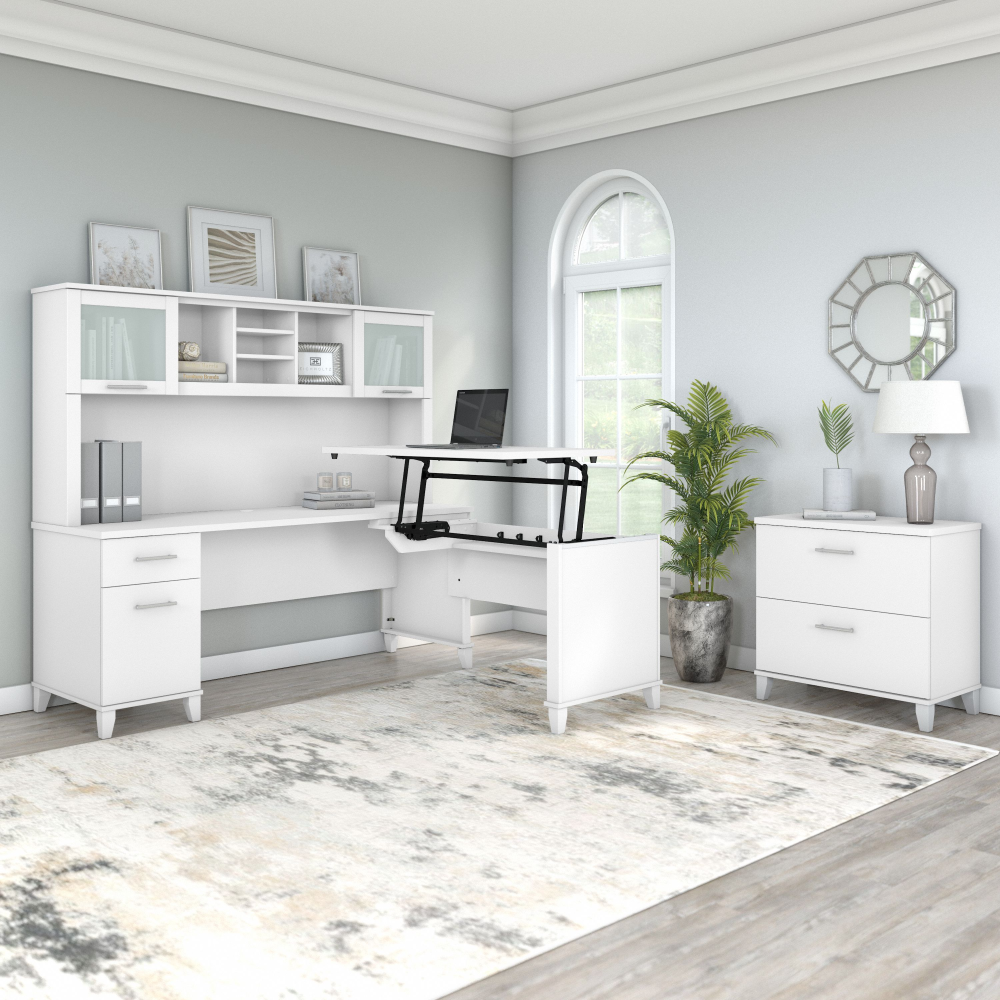 Shop Bush Furniture Somerset 72W 3 Position Sit to Stand L Shaped Desk with Hutch and File Cabinet, Image 02, SET016WH, #color_white
