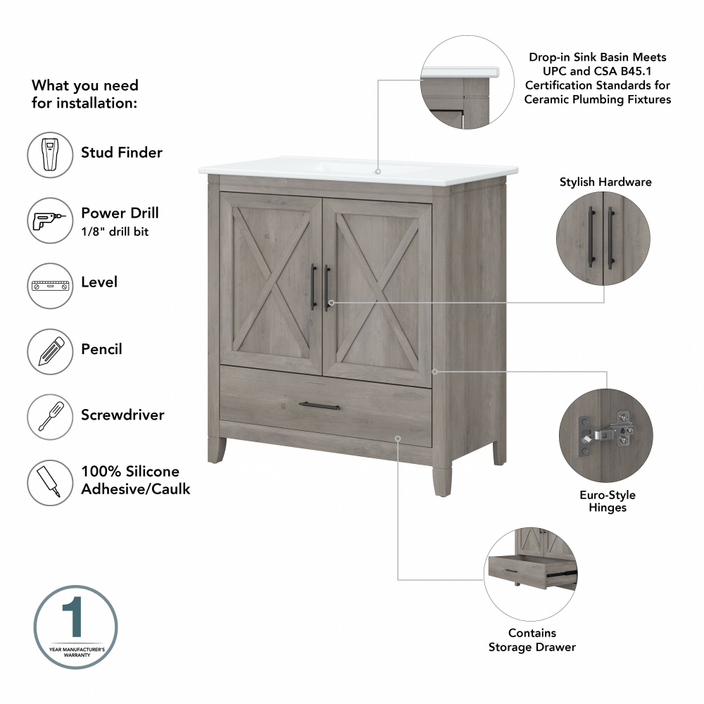 Shop Bush Furniture Key West 32W Bathroom Vanity Sink with Mirror, Image 06, KWS030DG, #color_driftwood gray