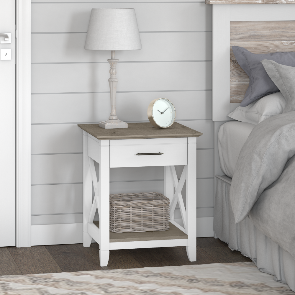Shop Bush Furniture Key West Nightstand with Drawer, Image 02, KWT120G2W-Z, #color_shiplap gray/pure white