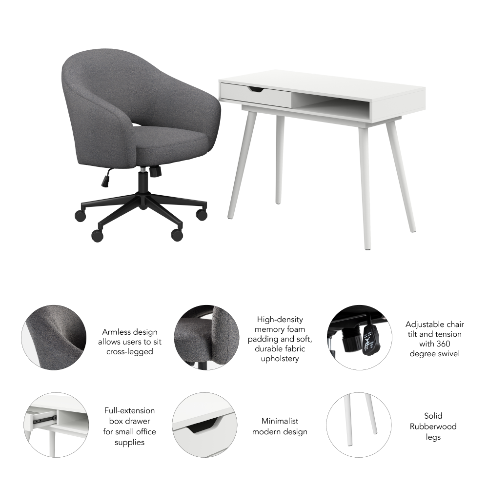 Shop Bush Furniture Nora 40W Small Writing Desk and Chair Set for Home Office, Image 06, NRA002WH, #color_pure white/dark charcoal fabric