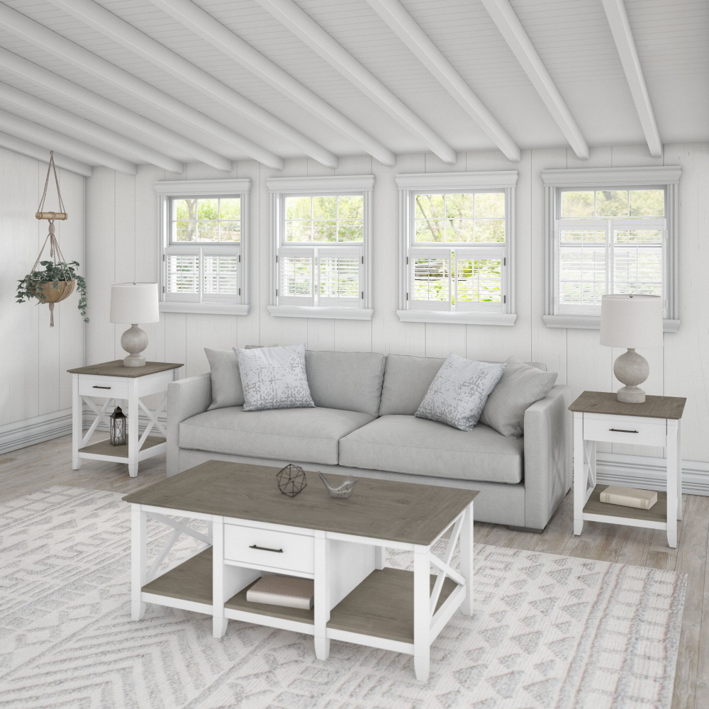 Shop Bush Furniture Key West Coffee Table with Set of 2 End Tables, Image 02, KWS023G2W, #color_shiplap gray/pure white
