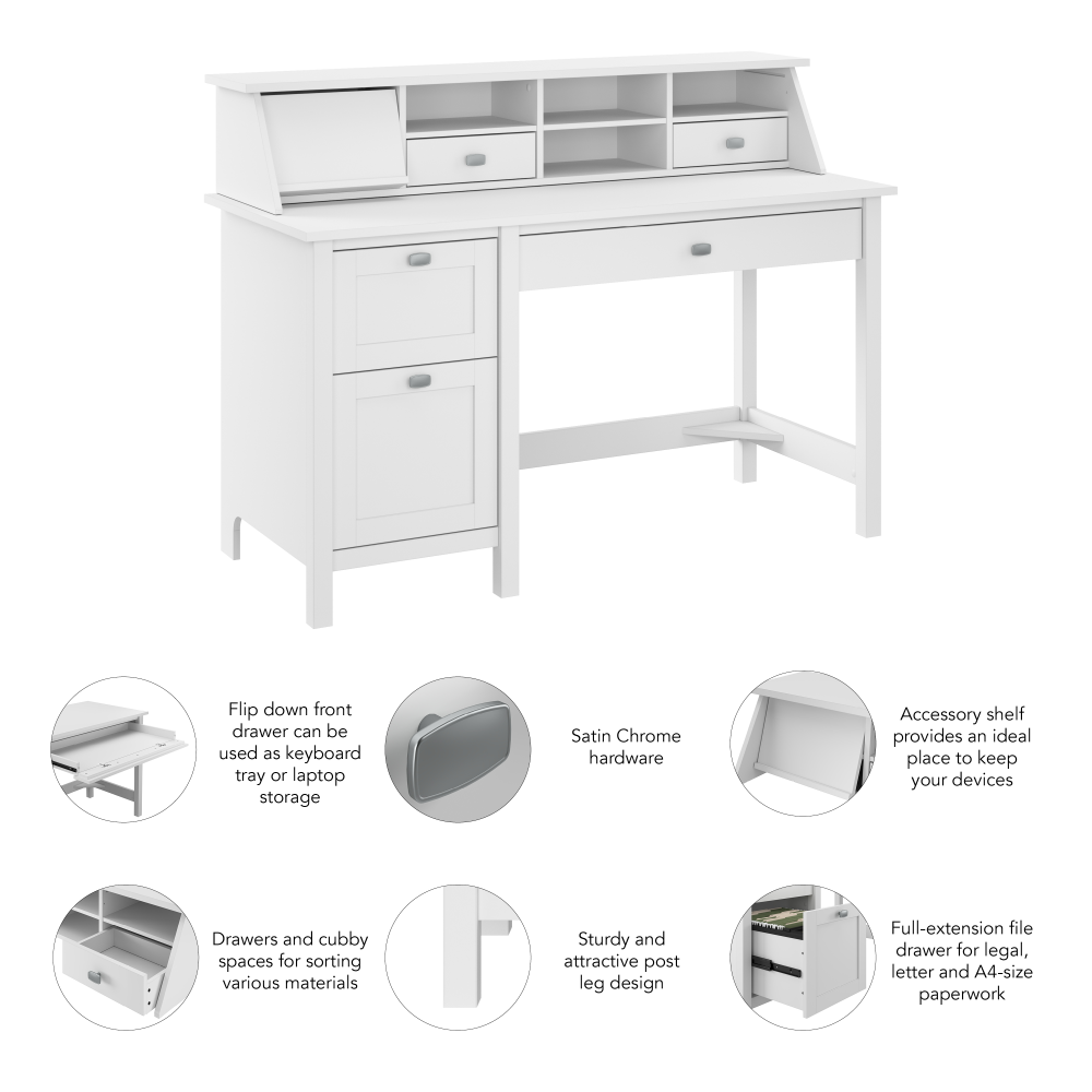 Shop Bush Furniture Broadview 54W Computer Desk with Drawers and Desktop Organizer, Image 07, BD005WH, #color_pure white