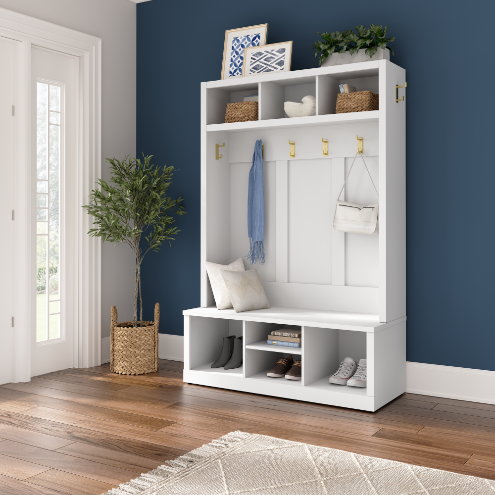 Shop Bush Furniture Hampton Heights Entryway Storage Set with 48W Hall Tree and Shoe Bench, Image 02, HHS003WH, #color_white