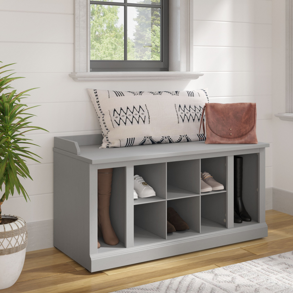 Shop Bush Furniture Woodland 40W Shoe Storage Bench with Shelves, Image 02, WDS240CG-03, #color_cape cod gray