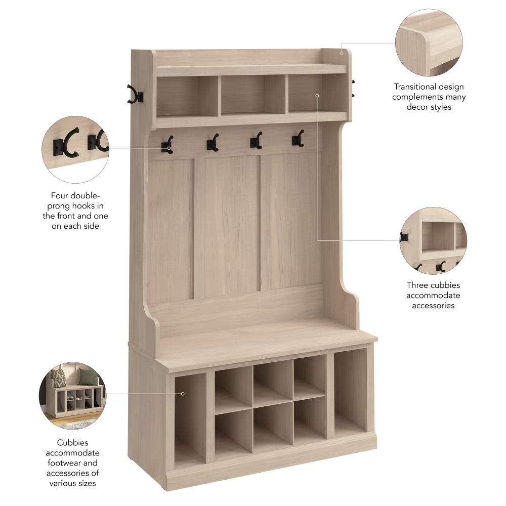 Shop Bush Furniture Woodland 40W Hall Tree and Shoe Storage Bench with Shelves, Image 06, WDL002WM, #color_white washed maple