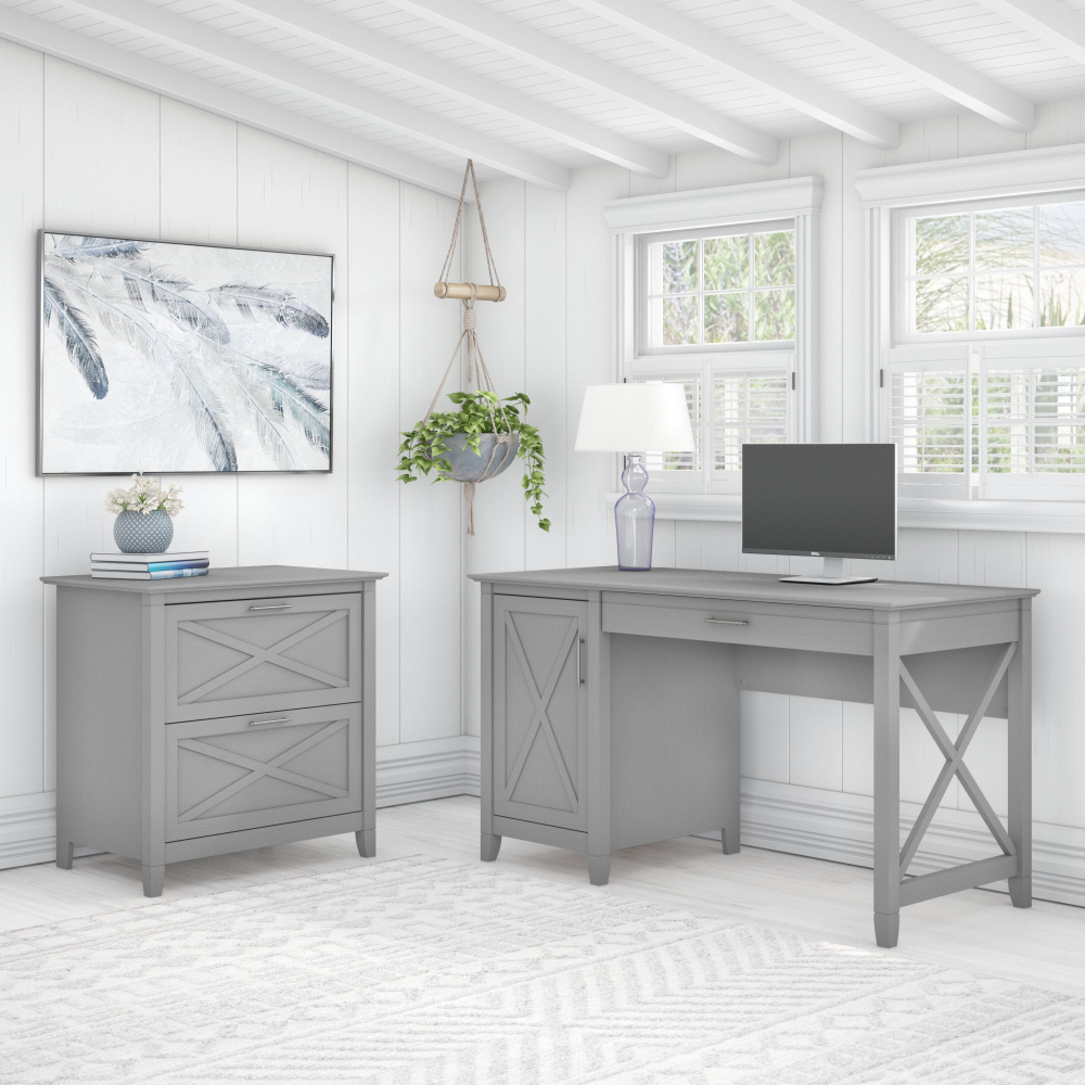 Shop Bush Furniture Key West 54W Computer Desk with Storage and 2 Drawer Lateral File Cabinet, Image 02, KWS008CG, #color_cape cod gray