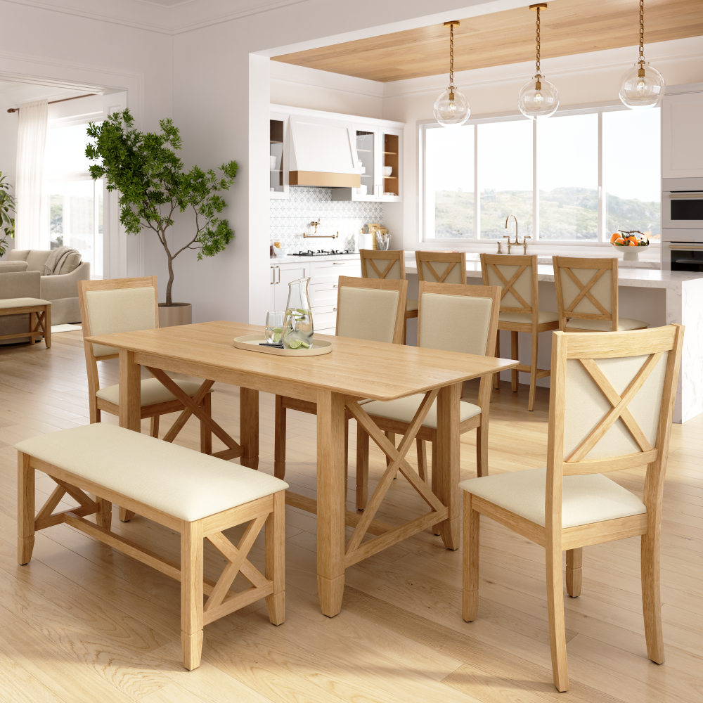 Shop Bush Home Key West 70W Cross Base Dining Table with 4 Upholstered Cross Back Chairs and 1 Bench, Image 02, KWS115BO, #color_blonde oak/bright beige