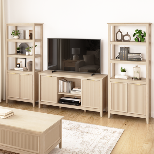 Shop Bush Home Camille Fluted TV Stand with Set of 2 Bookcases with Doors, Image 02, CML004NB, #color_natural birch