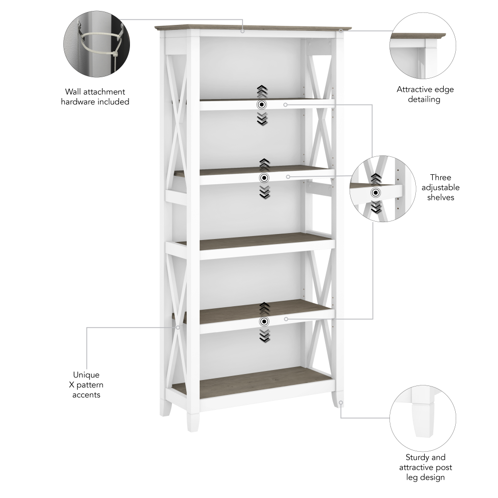 Shop Bush Furniture Key West 5 Shelf Bookcase Set, Image 06, KWS046G2W, #color_shiplap gray/pure white