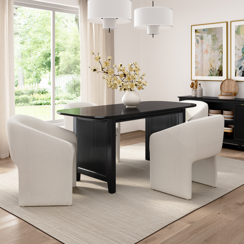 Shop Bush Home Camille Fluted Base 71W Dining Table with 4 Upholstered Barrel Dining Chairs, Image 02, CML013OB, #color_onyx birch/light cream fabric