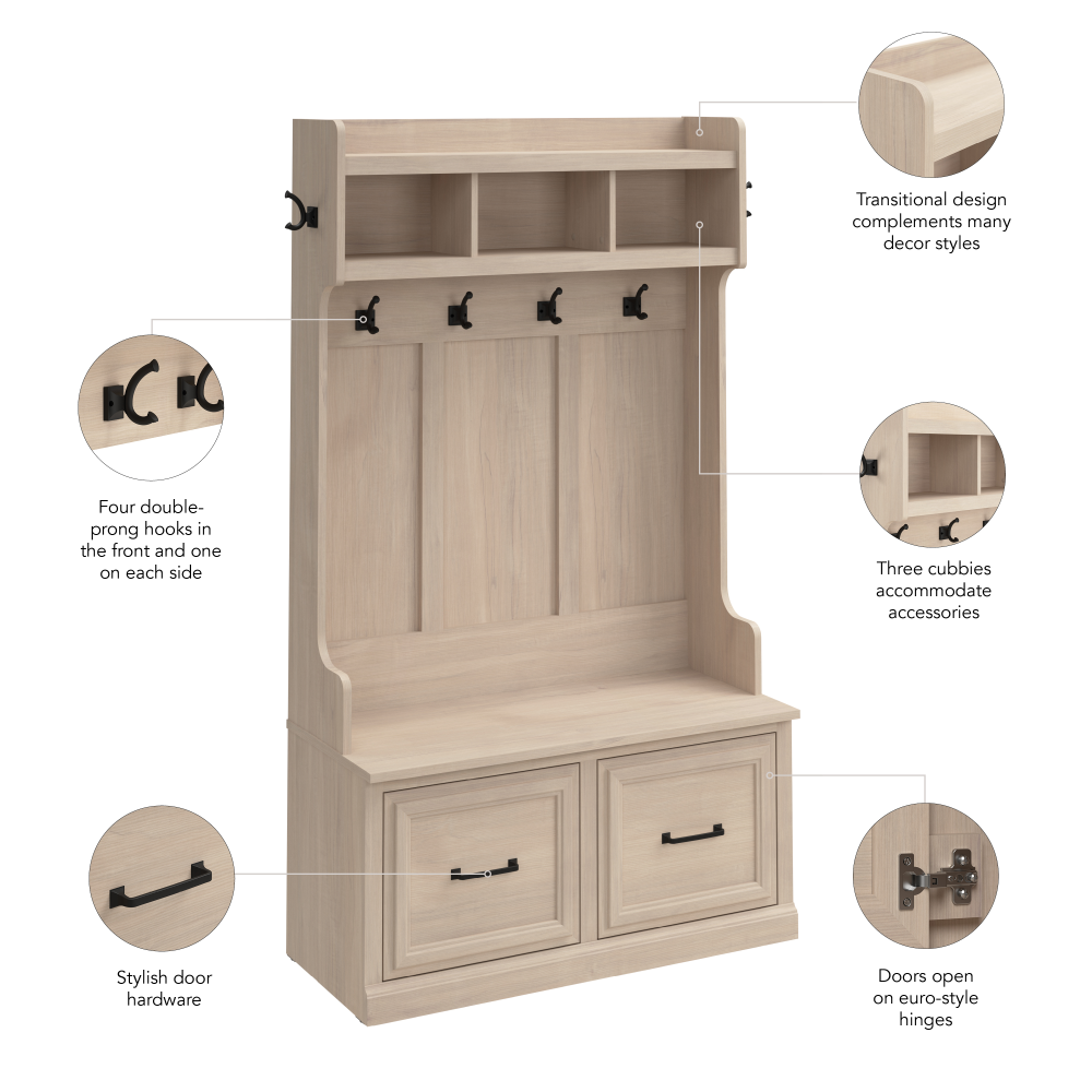 Shop Bush Furniture Woodland 40W Hall Tree and Shoe Storage Bench with Doors, Image 06, WDL001WM, #color_white washed maple