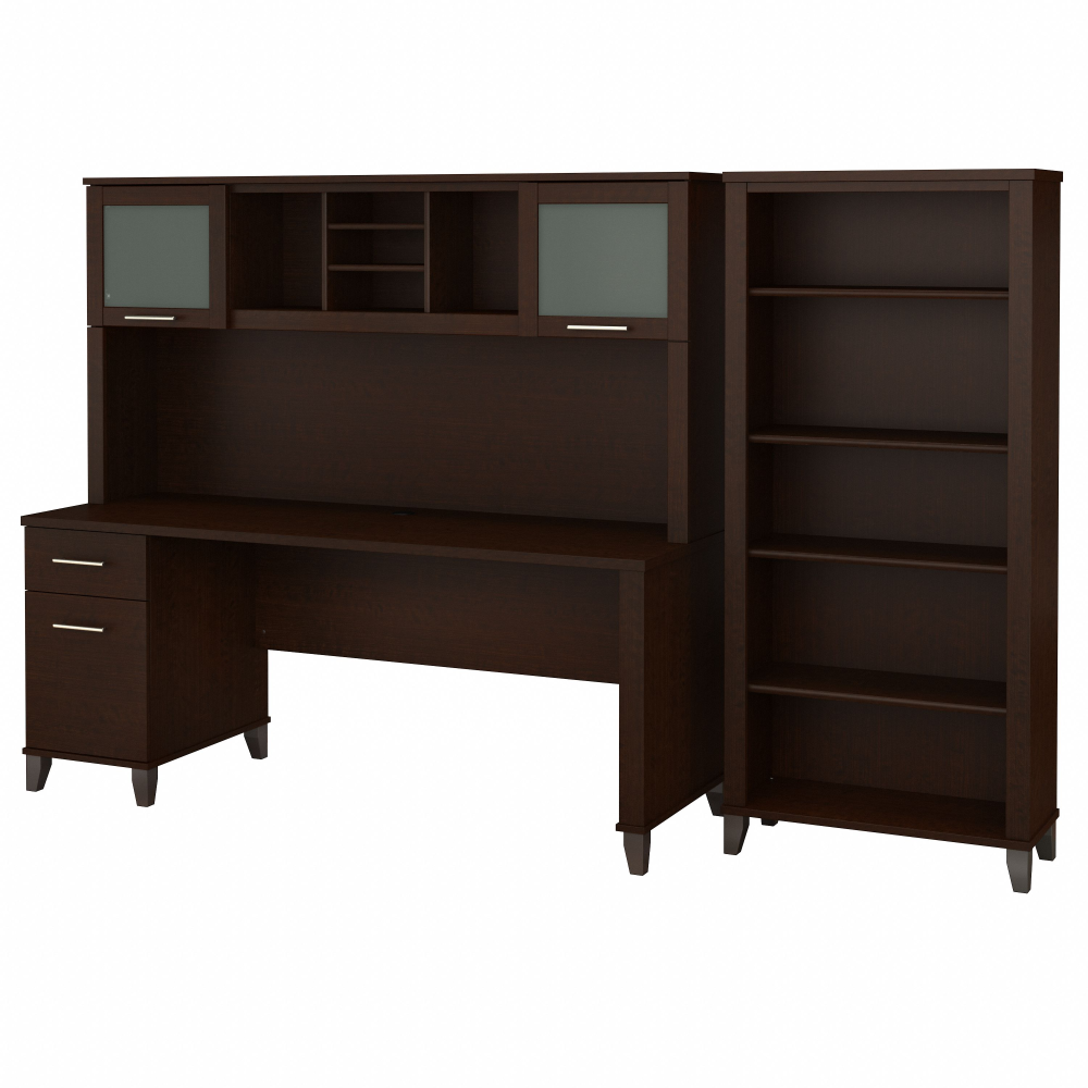 Shop Bush Furniture Somerset 72W Office Desk with Hutch and 5 Shelf Bookcase, Image 01, SET020MR, #color_mocha cherry