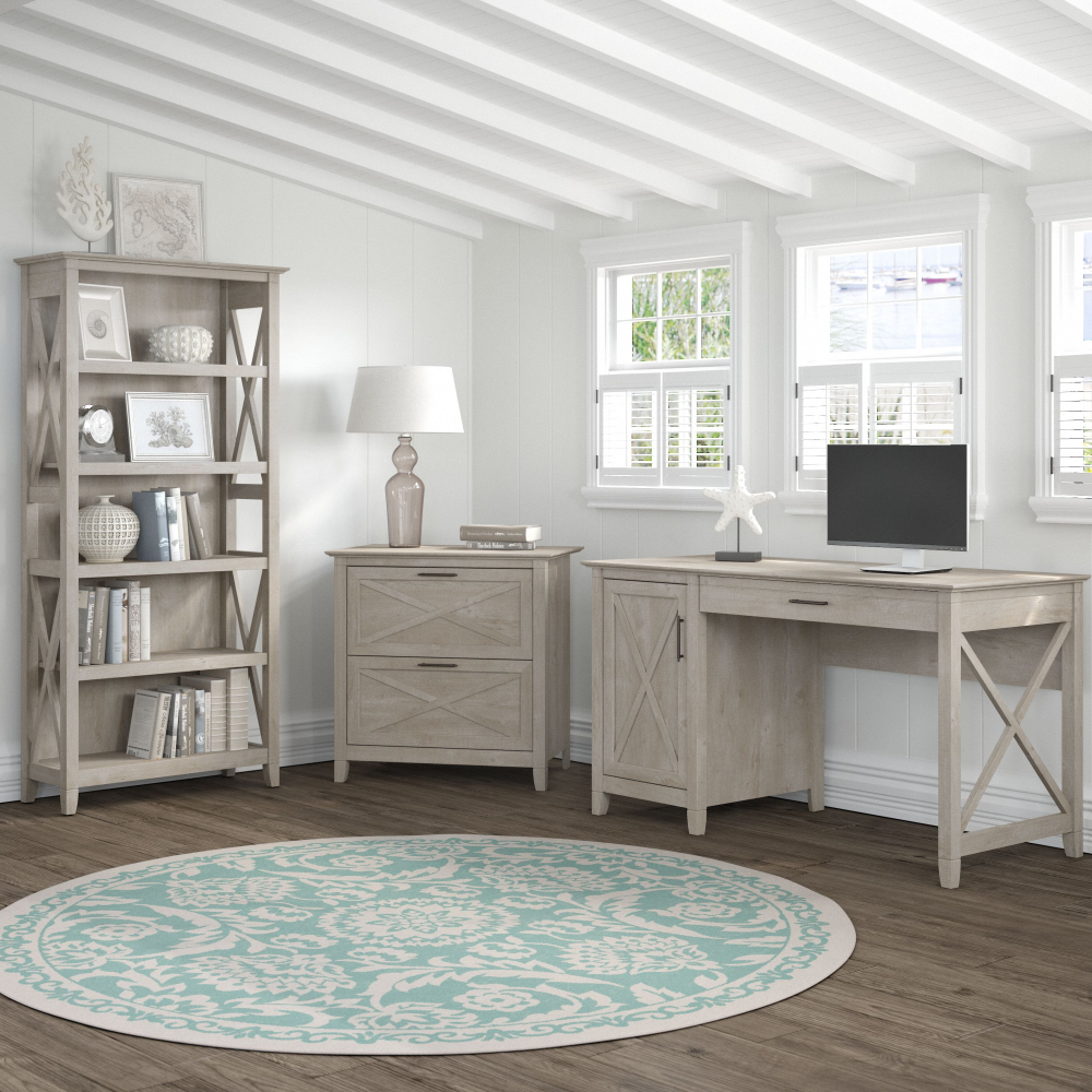 Shop Bush Furniture Key West 54W Computer Desk with 2 Drawer Lateral File Cabinet and 5 Shelf Bookcase, Image 02, KWS009WG, #color_washed gray