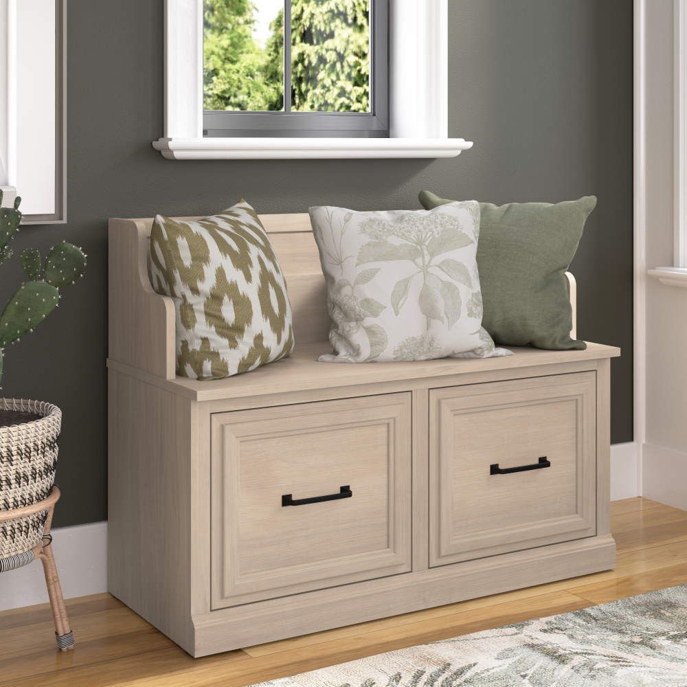 Shop Bush Furniture Woodland 40W Entryway Bench with Doors, Image 02, WDL005WM, #color_white washed maple