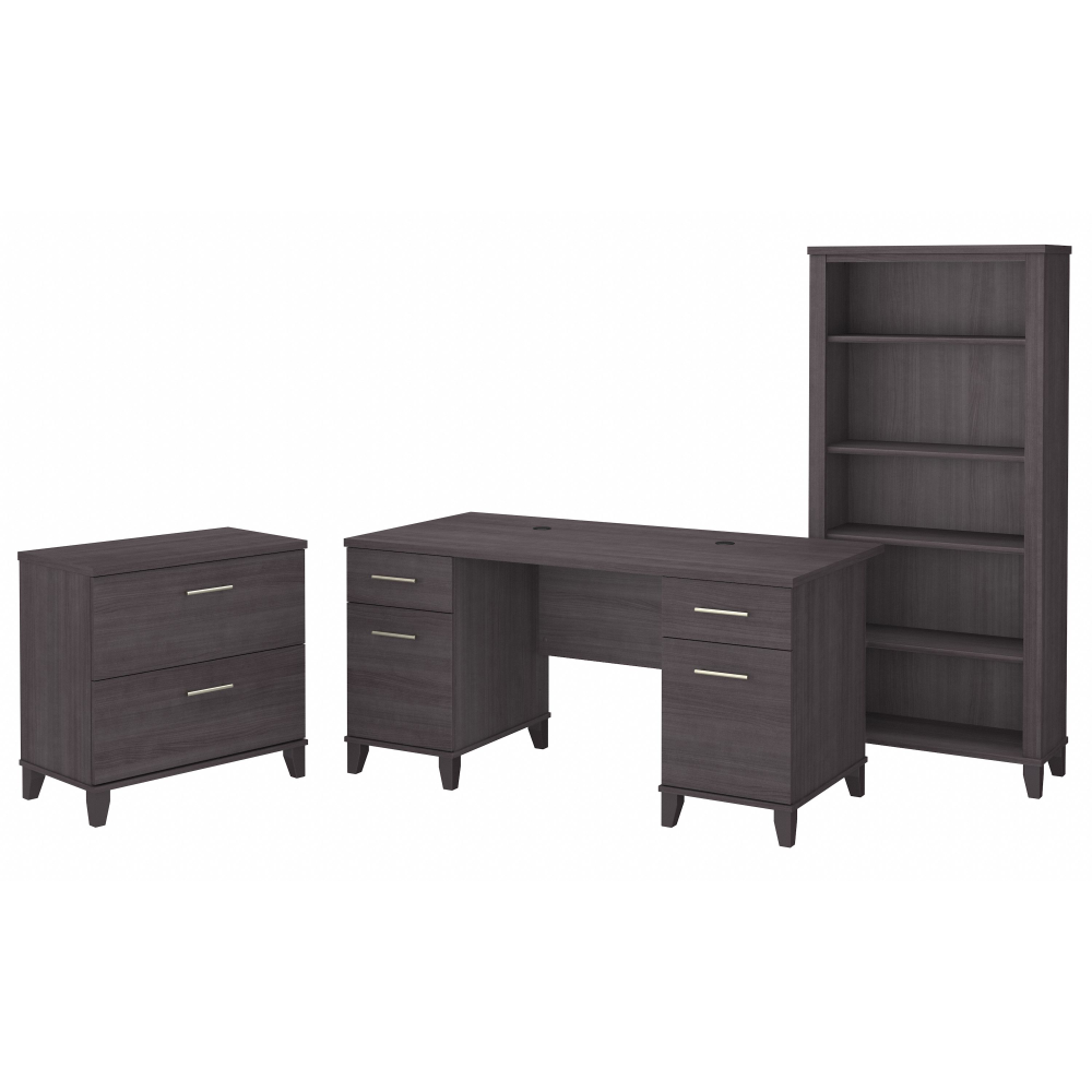 Shop Bush Furniture Somerset 60W Office Desk with Lateral File Cabinet and 5 Shelf Bookcase, Image 01, SET013SG, #color_storm gray