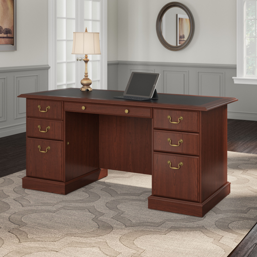 Shop Bush Furniture Saratoga Executive Desk with Drawers, Image 02, EX45666-03K, #color_harvest cherry/black