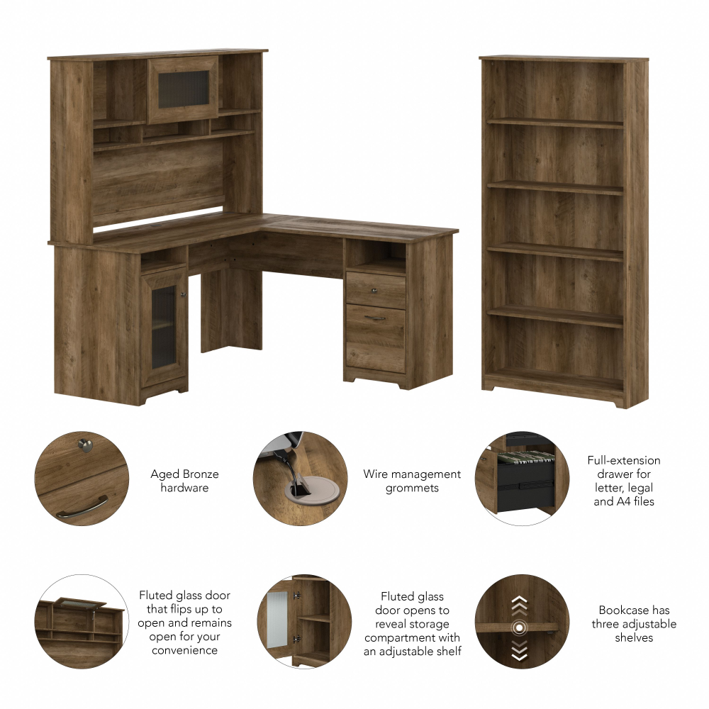 Shop Bush Furniture Cabot 60W L Shaped Computer Desk with Hutch and 5 Shelf Bookcase, Image 06, CAB011RCP, #color_reclaimed pine