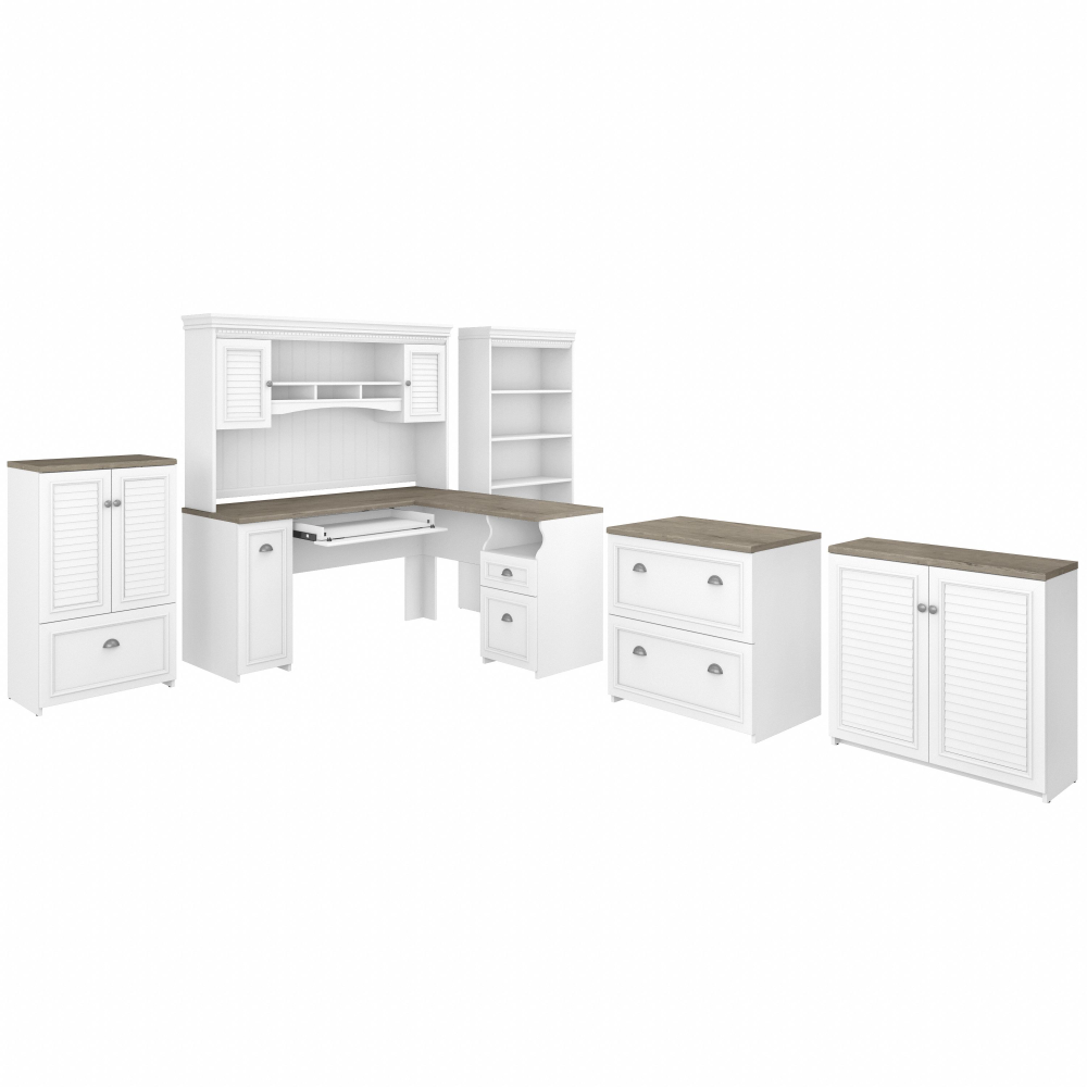 Shop Bush Furniture Fairview 60W L Shaped Desk with Hutch, Bookcase, Storage and File Cabinets, Image 01, FV014G2W, #color_shiplap gray/pure white