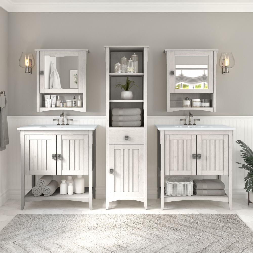 Shop Bush Furniture Salinas 64W Double Vanity Set with Sinks, Medicine Cabinets and Linen Tower, Image 02, SAL035LW, #color_linen white oak