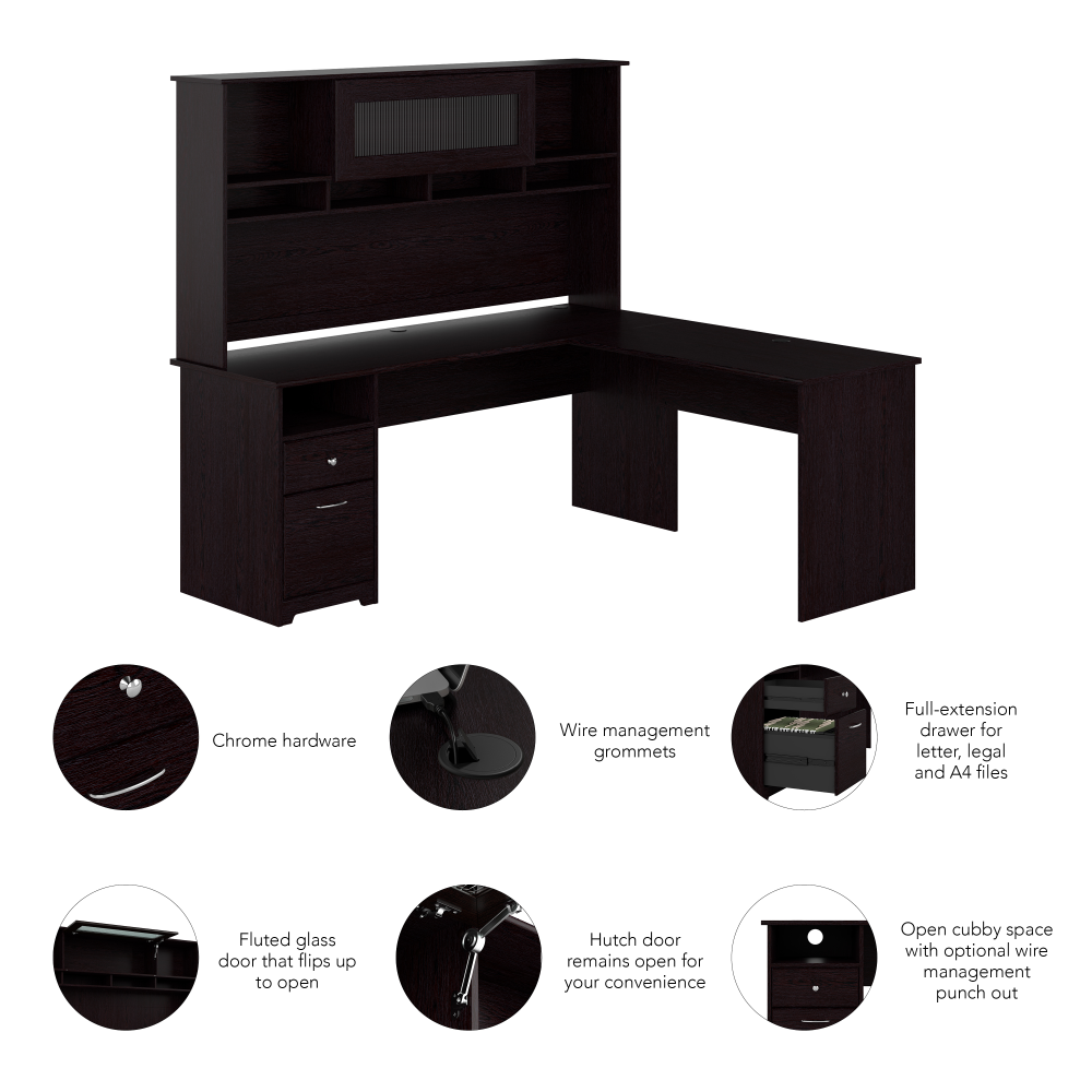 Shop Bush Furniture Cabot 72W L Shaped Computer Desk with Hutch and Drawers, Image 06, CAB053EPO, #color_espresso oak
