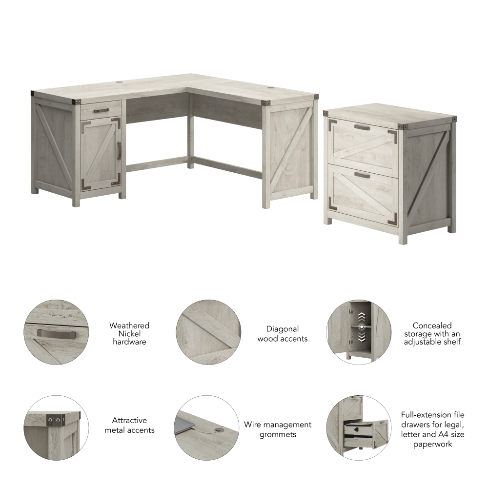 Shop Bush Furniture Knoxville 60W L Shaped Desk with 2 Drawer Lateral File Cabinet, Image 06, CGR004CWH, #color_cottage white