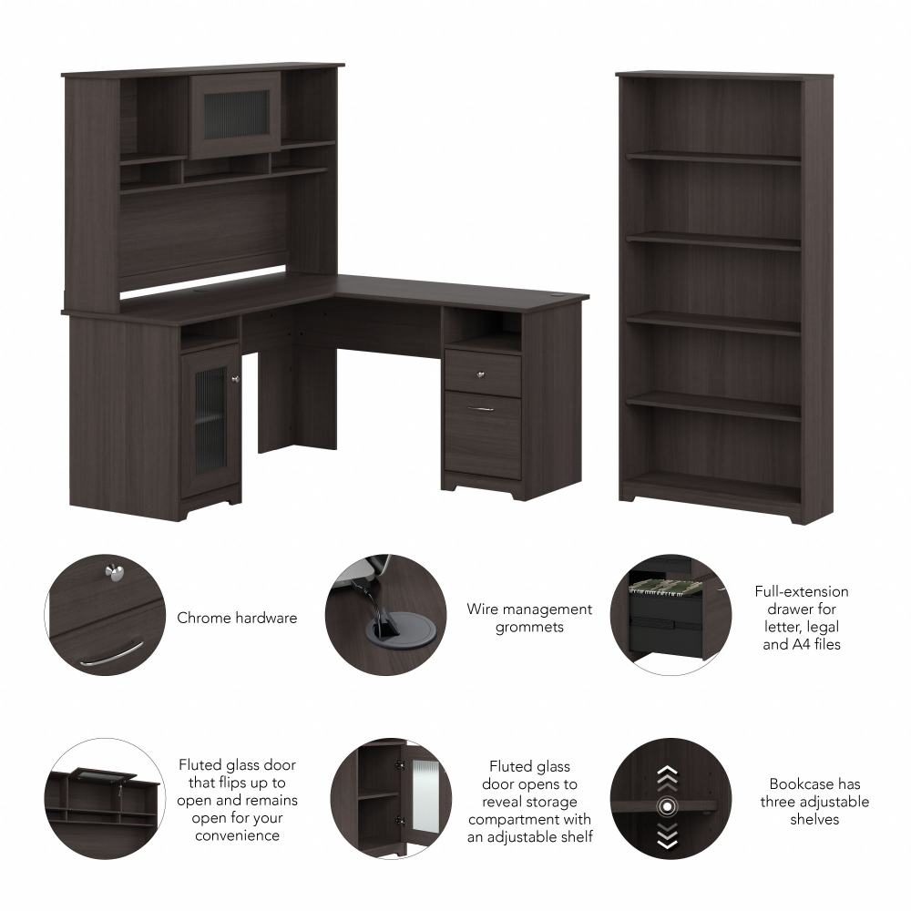 Shop Bush Furniture Cabot 60W L Shaped Computer Desk with Hutch and 5 Shelf Bookcase, Image 06, CAB011HRG, #color_heather gray