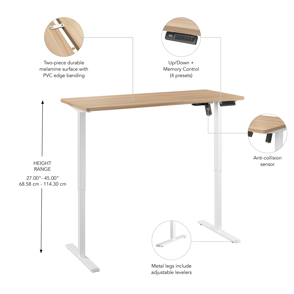 Shop Bush Furniture Energize 55W x 24D Electric Height Adjustable Standing Desk, Image 08, EZ155MAW-03, #color_maple/white frame
