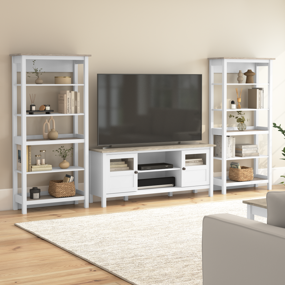 Shop Bush Furniture Mayfield 60W TV Stand with Bookcases, Image 02, MAY031GW2, #color_shiplap gray/pure white