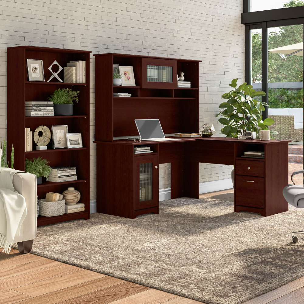 Shop Bush Furniture Cabot 60W L Shaped Computer Desk with Hutch and 5 Shelf Bookcase, Image 02, CAB011HVC, #color_harvest cherry
