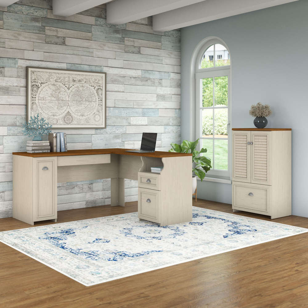 Shop Bush Furniture Fairview 60W L Shaped Desk and 2 Door Storage Cabinet with File Drawer, Image 02, FV009AW, #color_antique white/tea maple