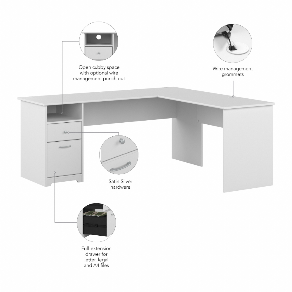 Shop Bush Furniture Cabot 72W L Shaped Computer Desk with Drawers, Image 06, CAB051WHN, #color_white