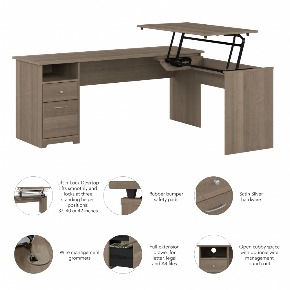 Shop Bush Furniture Cabot 72W 3 Position Sit to Stand L Shaped Desk, Image 08, CAB050AG, #color_ash gray