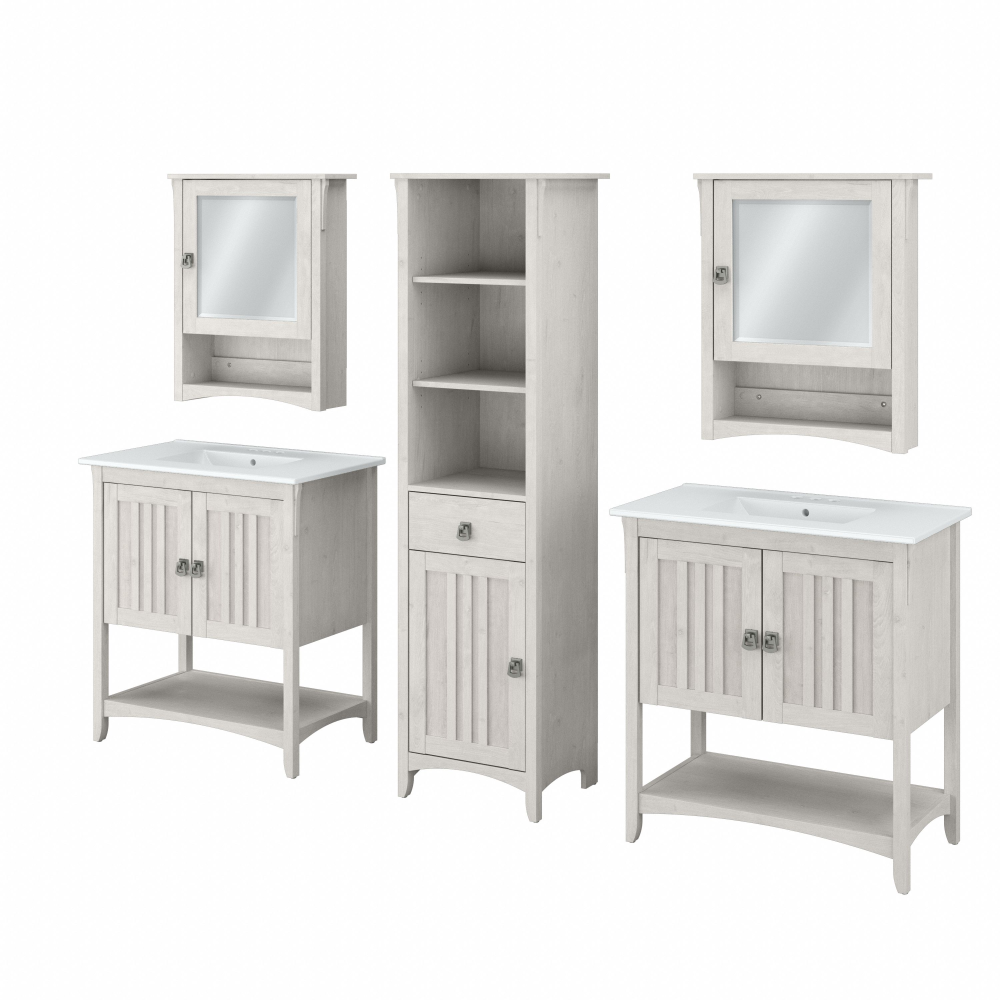 Shop Bush Furniture Salinas 64W Double Vanity Set with Sinks, Medicine Cabinets and Linen Tower, Image 01, SAL035LW, #color_linen white oak