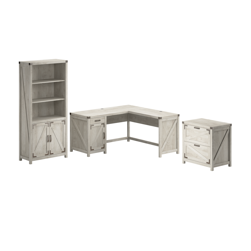 Shop Bush Furniture Knoxville 60W L Shaped Desk with Lateral File Cabinet and 5 Shelf Bookcase, Image 01, CGR005CWH, #color_cottage white