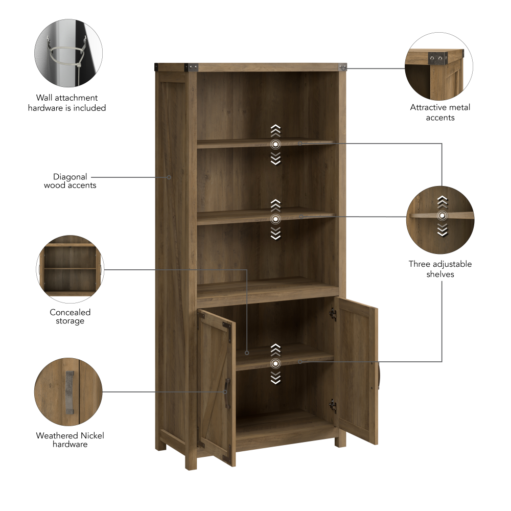 Shop Bush Furniture Knoxville Tall 5 Shelf Bookcase with Doors, Image 08, CGB132RCP-03, #color_reclaimed pine