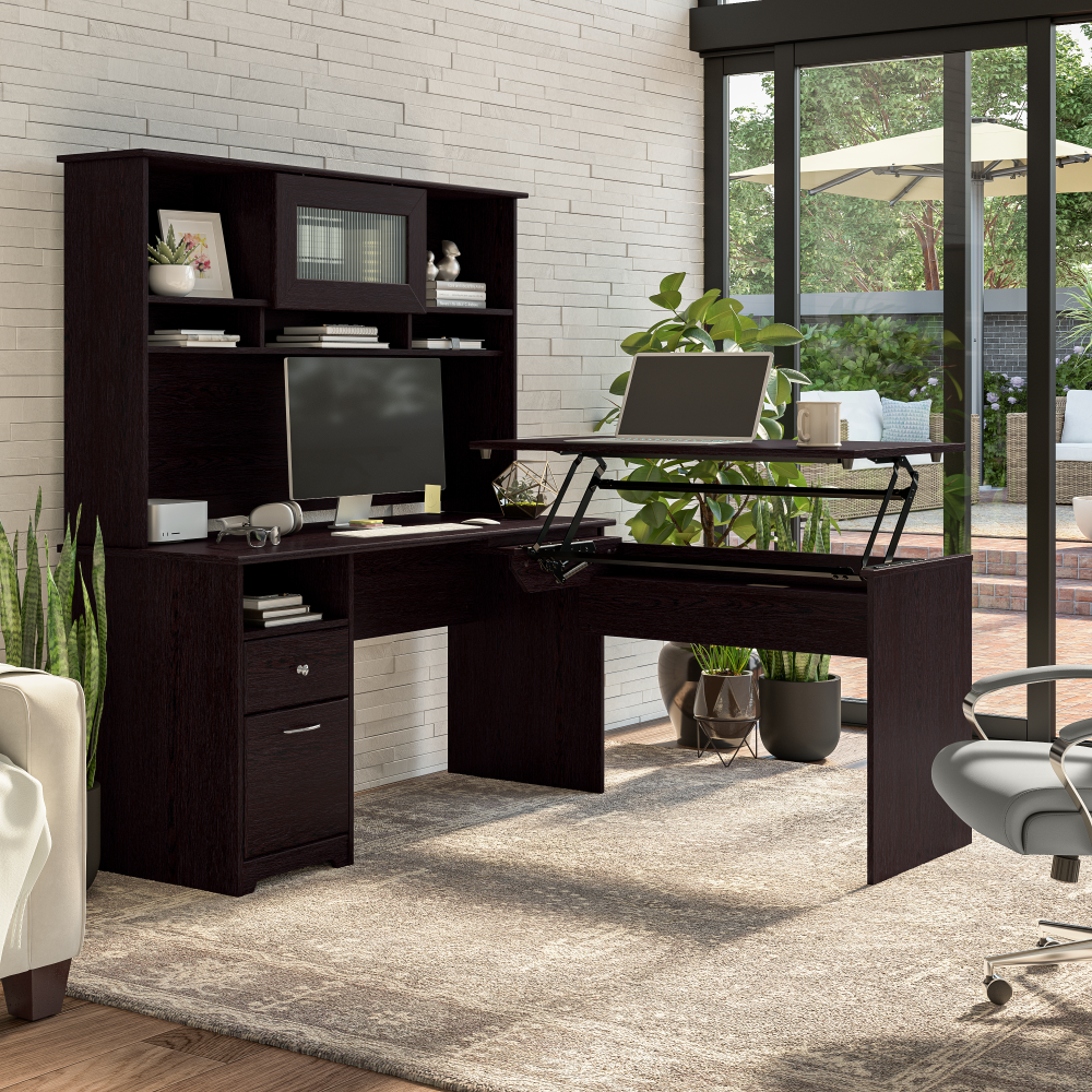 Shop Bush Furniture Cabot 60W 3 Position Sit to Stand L Shaped Desk with Hutch, Image 02, CAB045EPO, #color_espresso oak