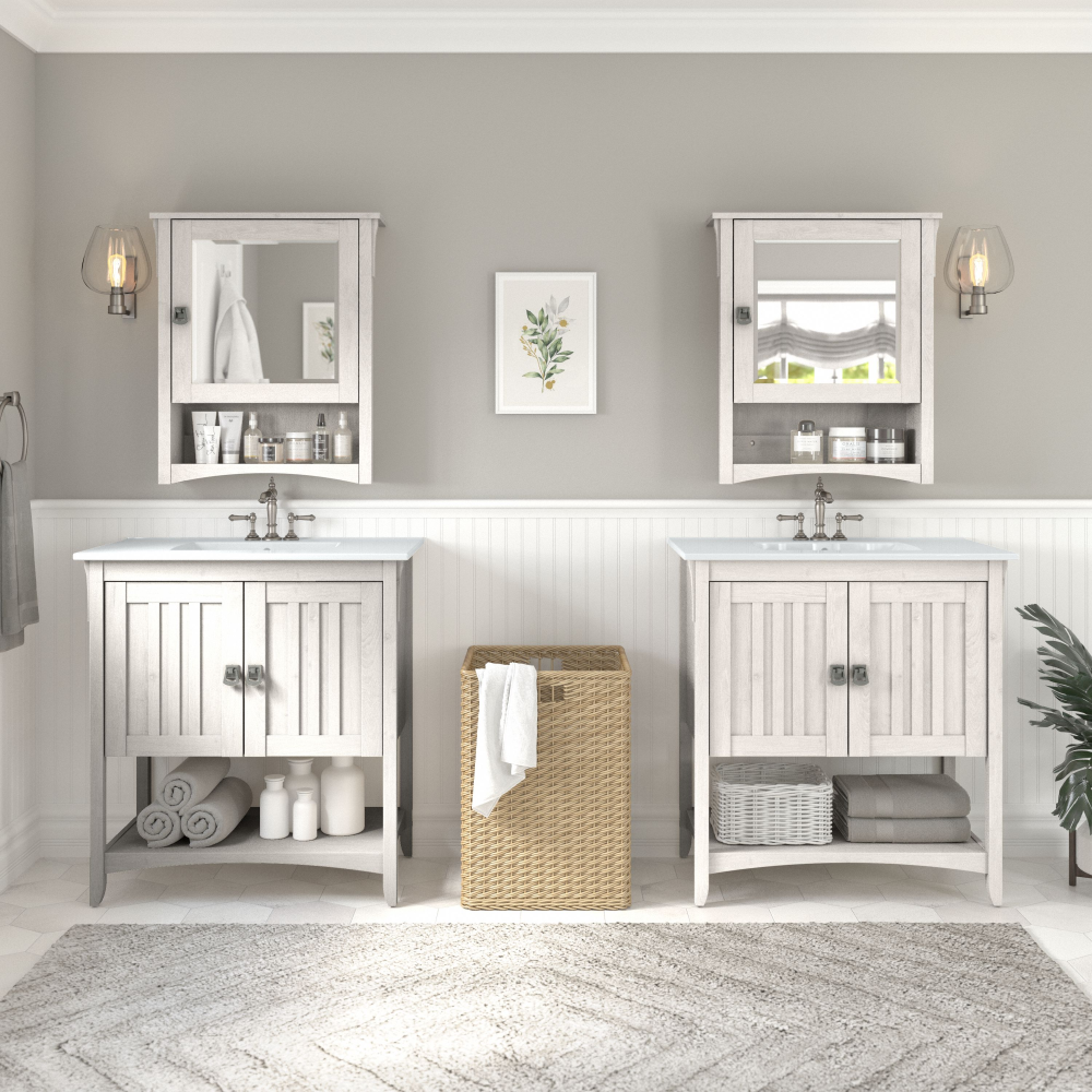 Shop Bush Furniture Salinas 64W Double Vanity Set with Sinks and Medicine Cabinets, Image 02, SAL033LW, #color_linen white oak