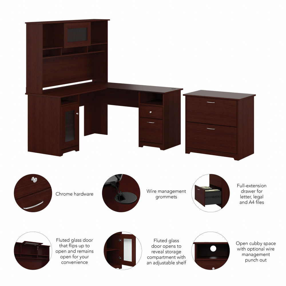 Shop Bush Furniture Cabot 60W L Shaped Computer Desk with Hutch and Lateral File Cabinet, Image 06, CAB005HVC, #color_harvest cherry