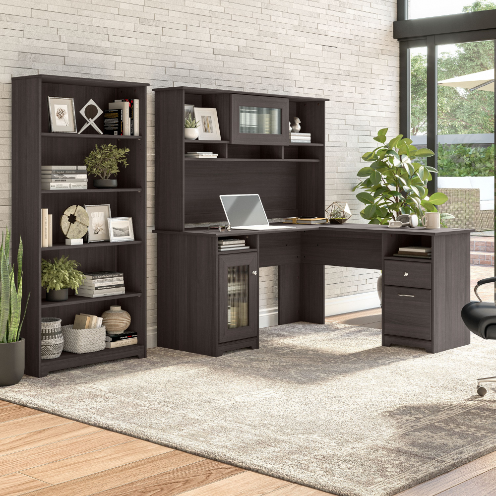 Shop Bush Furniture Cabot 60W L Shaped Computer Desk with Hutch and 5 Shelf Bookcase, Image 02, CAB011HRG, #color_heather gray