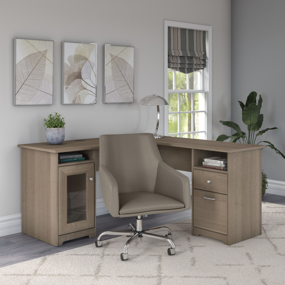 Shop Bush Furniture Cabot 60W L Shaped Computer Desk with Mid Back Leather Box Chair, Image 02, CAB059AG, #color_ash gray