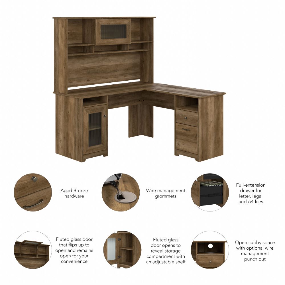Shop Bush Furniture Cabot 60W L Shaped Computer Desk with Hutch and Storage, Image 06, CAB001RCP, #color_reclaimed pine