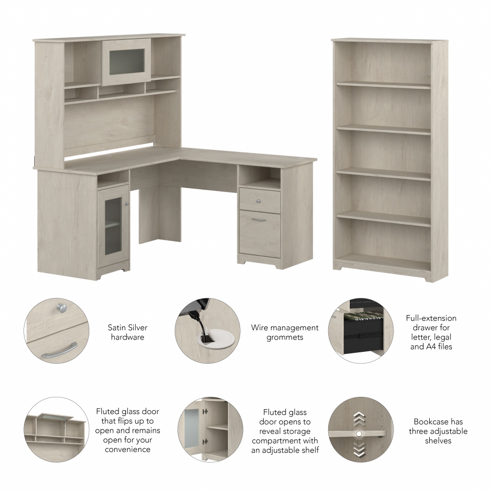 Shop Bush Furniture Cabot 60W L Shaped Computer Desk with Hutch and 5 Shelf Bookcase, Image 06, CAB011LW, #color_linen white oak