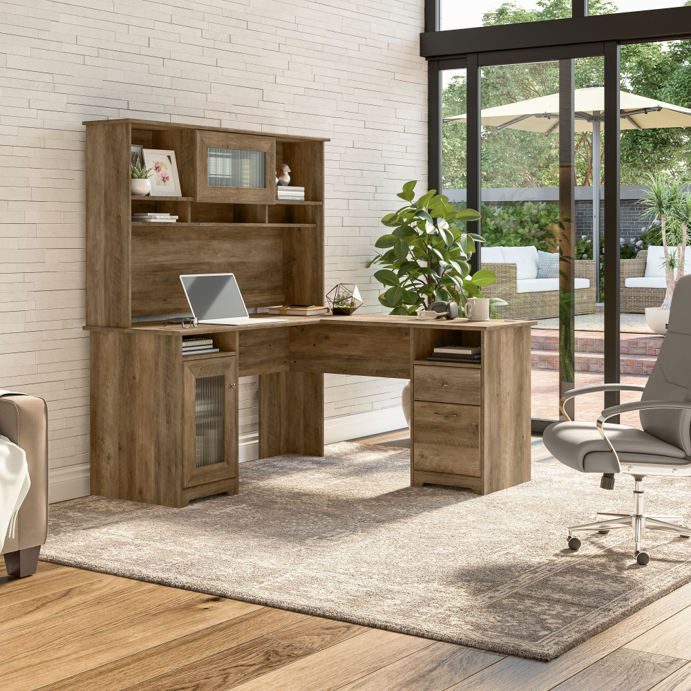 Shop Bush Furniture Cabot 60W L Shaped Computer Desk with Hutch and Storage, Image 02, CAB001RCP, #color_reclaimed pine