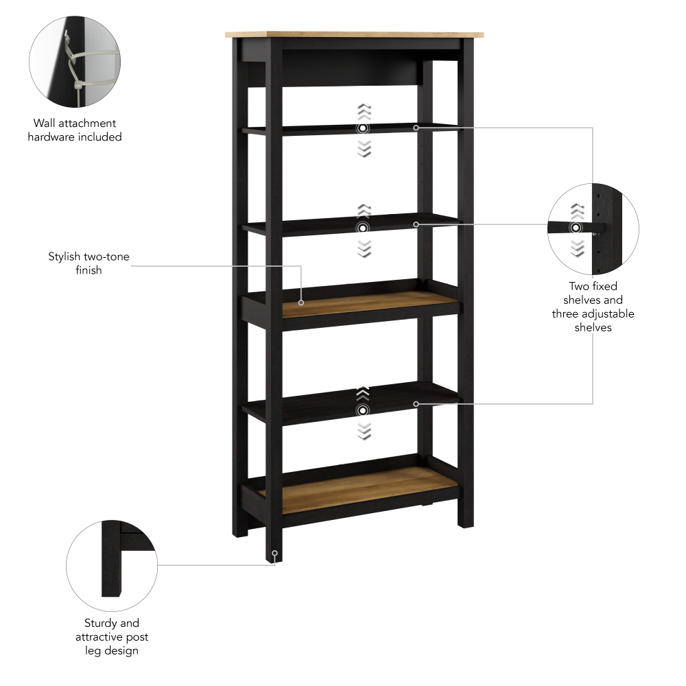 Shop Bush Furniture Mayfield Tall 5 Shelf Bookcase, Image 06, MAB132V2P-03, #color_vintage black/reclaimed pine
