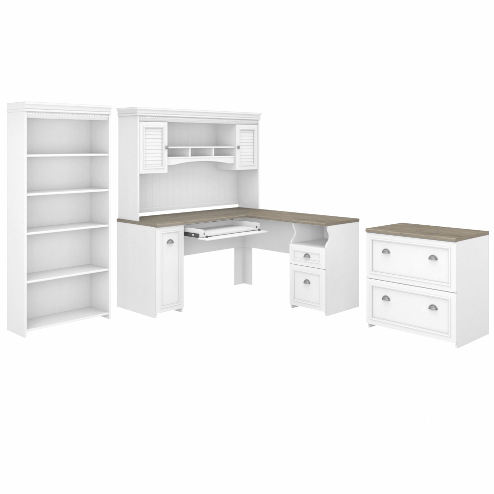 Shop Bush Furniture Fairview 60W L Shaped Desk with Hutch, Lateral File Cabinet and 5 Shelf Bookcase, Image 01, FV006G2W, #color_shiplap gray/pure white