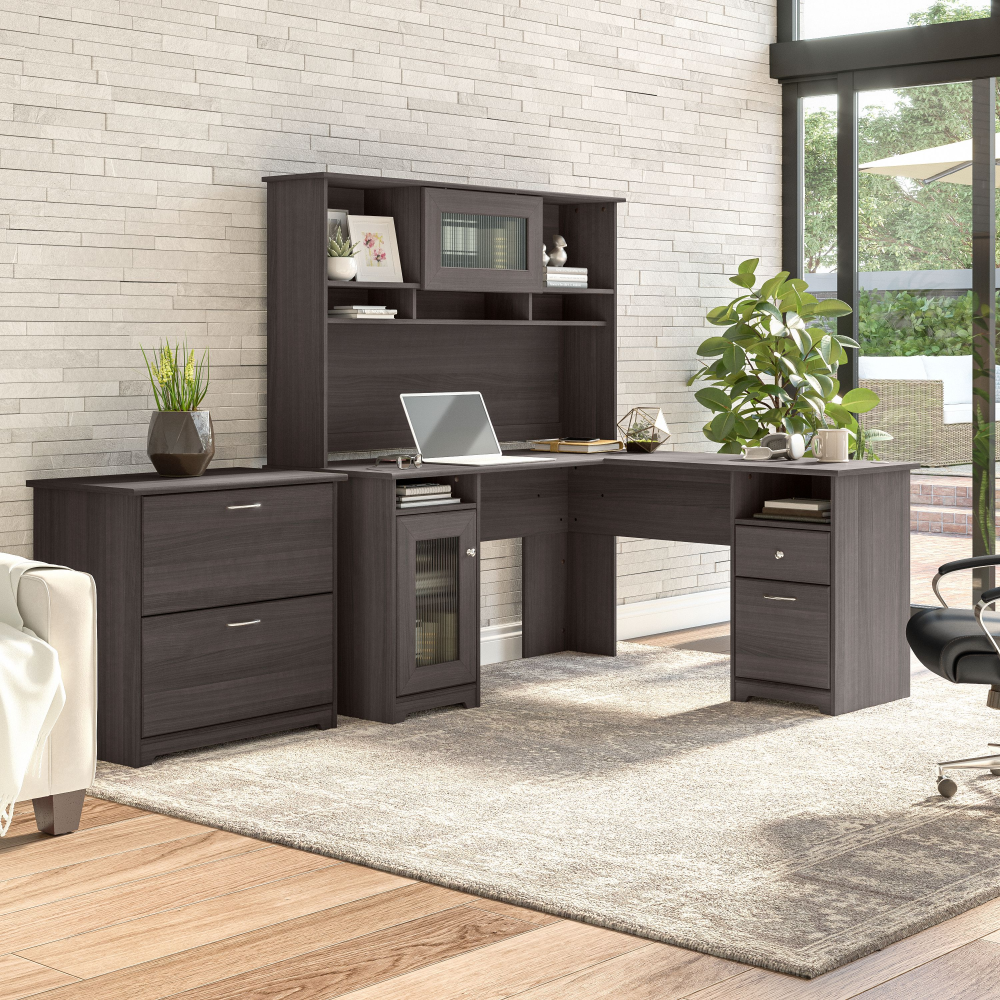 Shop Bush Furniture Cabot 60W L Shaped Computer Desk with Hutch and Lateral File Cabinet, Image 02, CAB005HRG, #color_heather gray