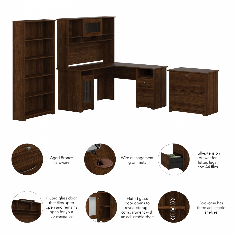 Shop Bush Furniture Cabot 60W L Shaped Computer Desk with Hutch, File Cabinet and Bookcase, Image 06, CAB010MW, #color_modern walnut