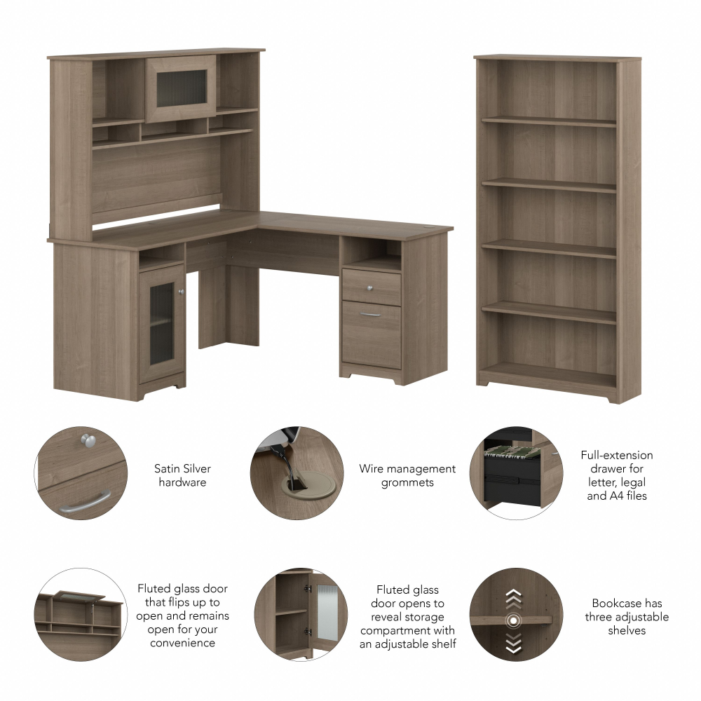 Shop Bush Furniture Cabot 60W L Shaped Computer Desk with Hutch and 5 Shelf Bookcase, Image 06, CAB011AG, #color_ash gray