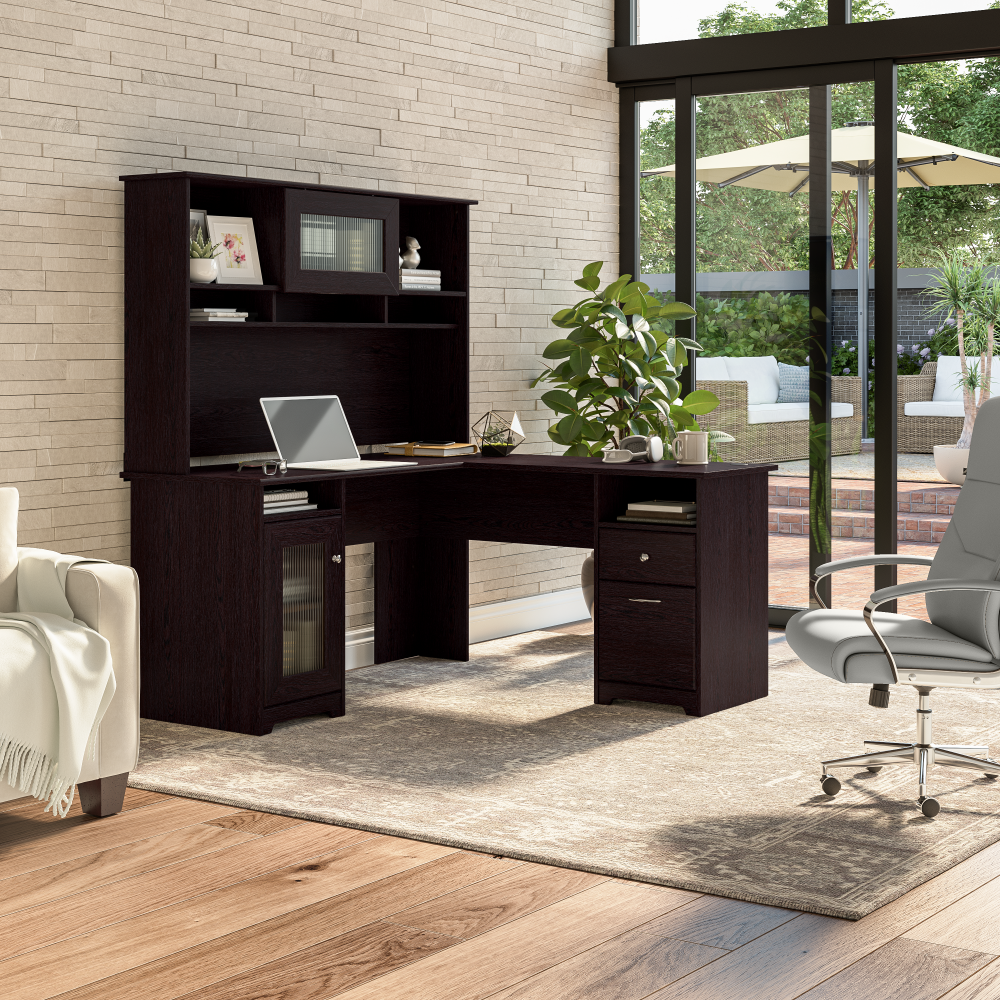 Shop Bush Furniture Cabot 60W L Shaped Computer Desk with Hutch and Storage, Image 02, CAB001EPO, #color_espresso oak